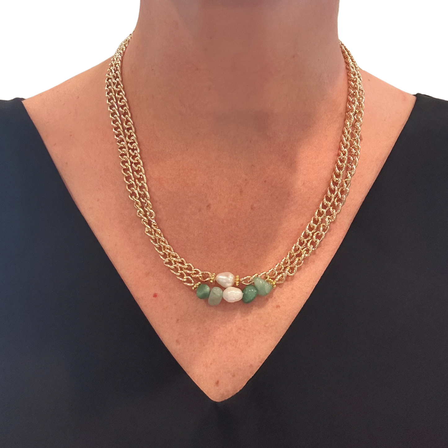 small gold curve chain + fresh water pearl + green aventurine chips