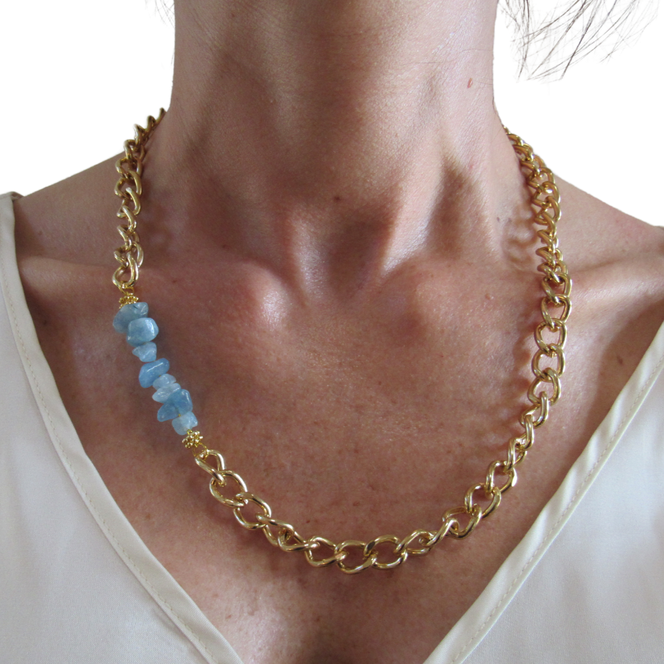 large Gold Curb Chain + Aquamarine Chips