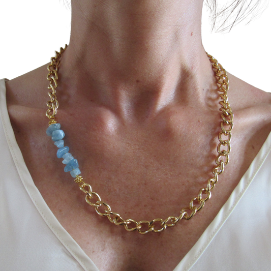 large Gold Curb Chain + Aquamarine Chips