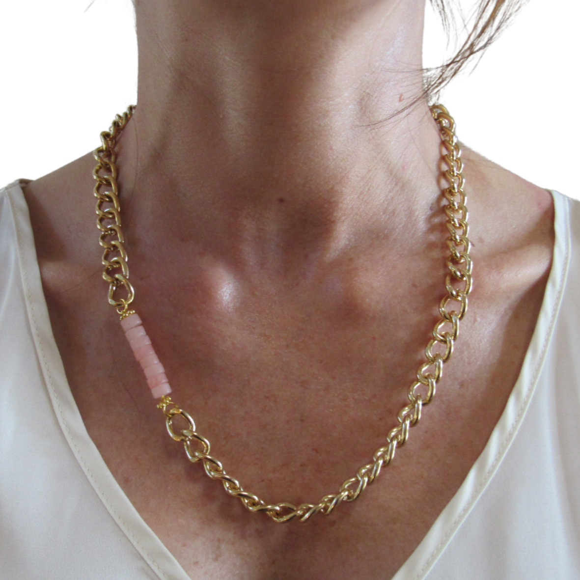 large Gold Curve Chain + Pink Quartz Heishi