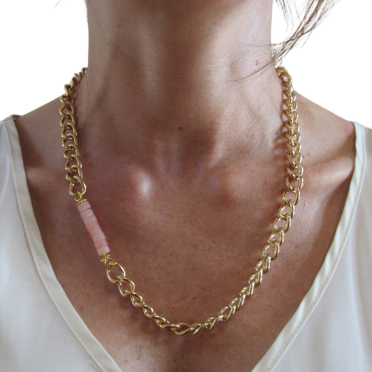 large Gold Curve Chain + Pink Quartz Heishi