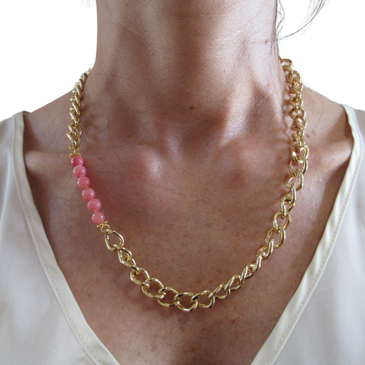 large Gold Curb Chain + Pink Quartz