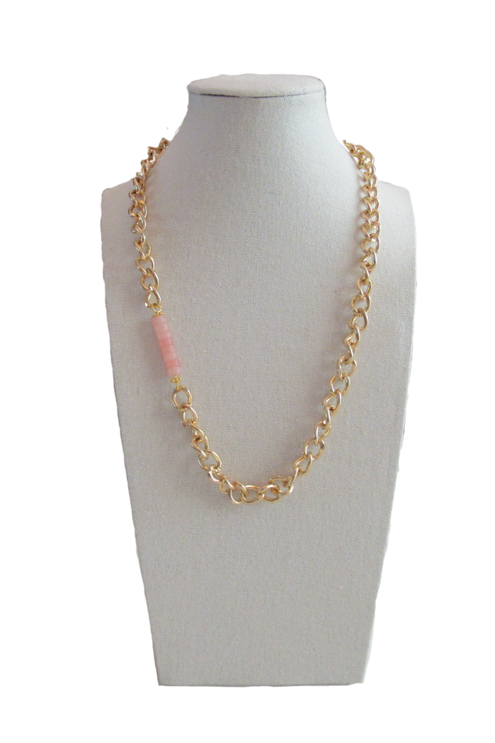 large Gold Curve Chain + Pink Quartz Heishi